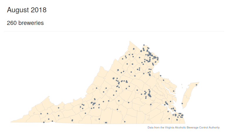 Map showing the locations of 260 breweries in Virginia in August 2018