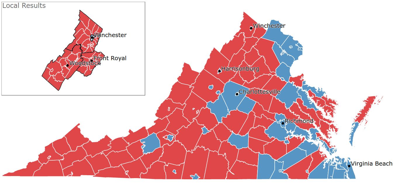 Map showing county-by-county results for Tim Kaine's 2018 Senate win over the Republican challenger, Corey Stewart