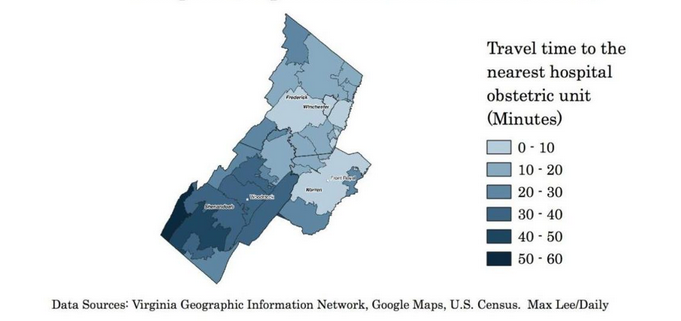 Map showing the median travel time to the nearest obstetric unit for every ZIP Code in Shenandoah, Warren, and Frederick Counties and the City of Winchester. Some travel times are close to an hour.